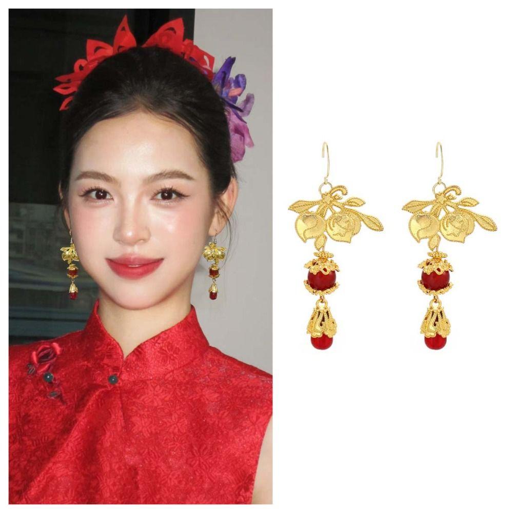 Aesthetic Bride Cherry Stud Earrings Jewelry New Year Earrings Chinese Wedding Earrings  Woman