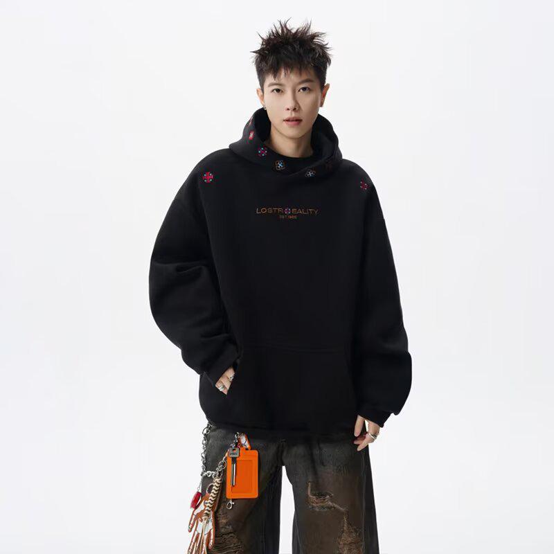 

Men s Designer Embroidered Ethnic Hooded Sweatshirt - Trendy, High Street, Loose-Fit, Versatile for Spring/Autumn, Perfect for Couples. 3XL чорний