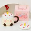 High looking Cake Ceramic Cup for Girls Cute Cartoon Home Set of Mug with Lid Coffee Cup Gift Box