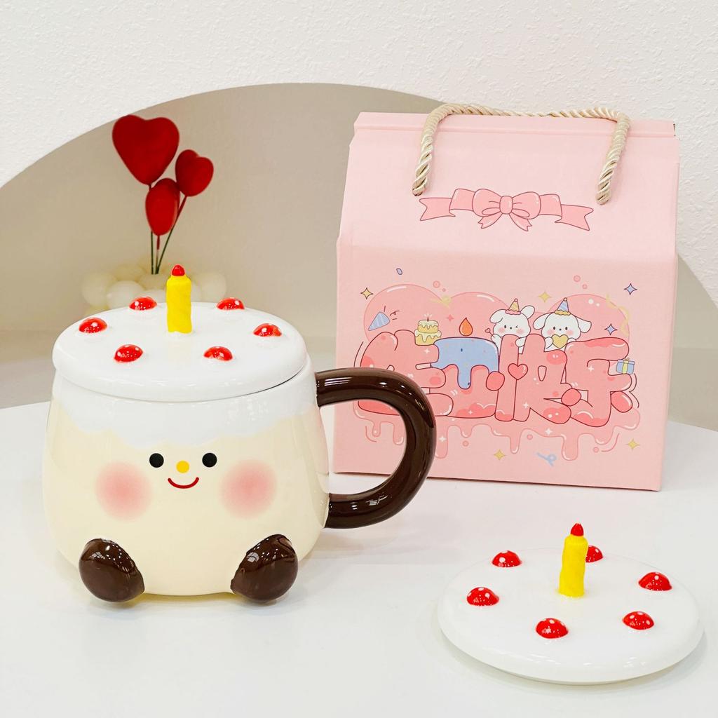 High looking Cake Ceramic Cup for Girls Cute Cartoon Home Set of Mug with Lid Coffee Cup Gift Box