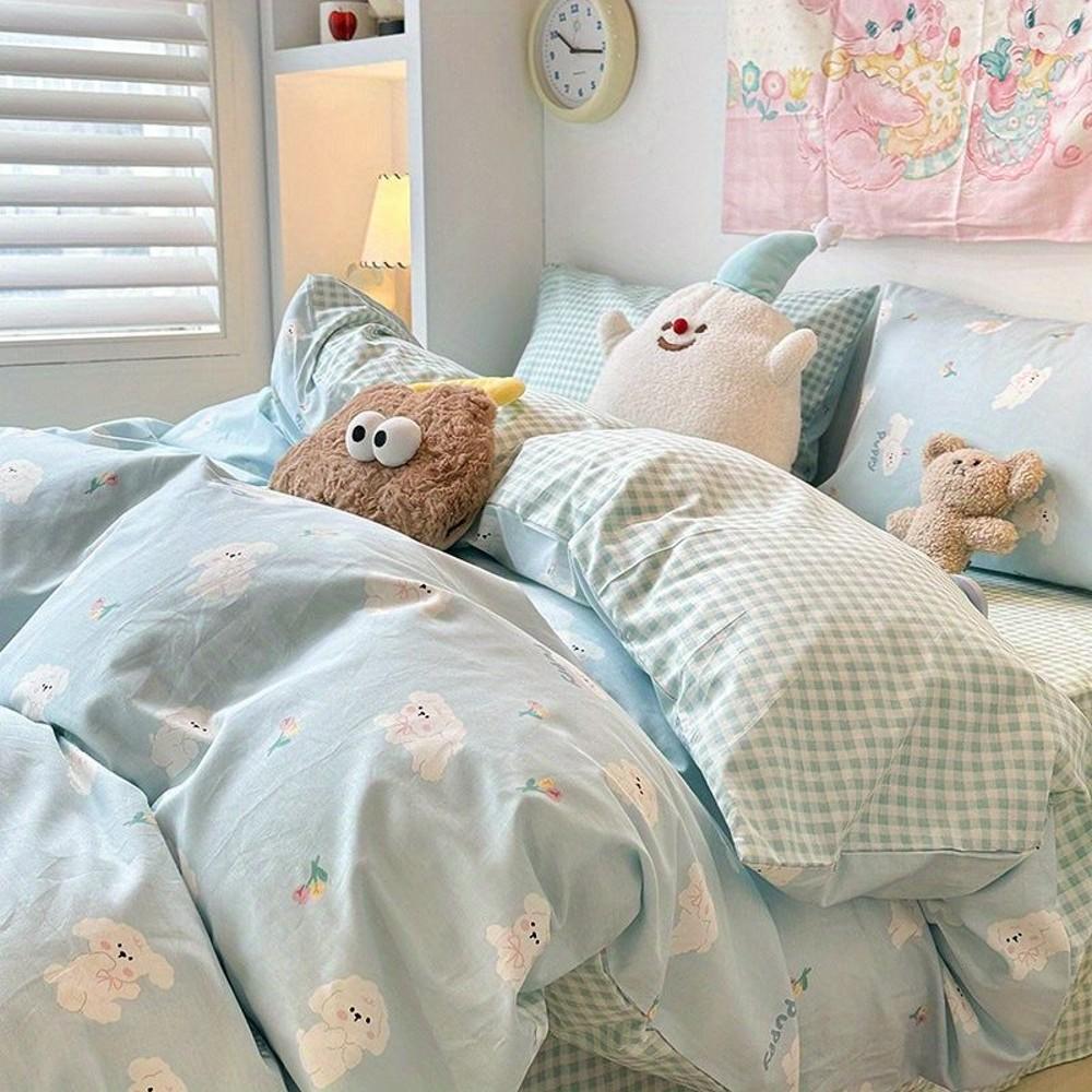 

Cute Cartoon Bedding Set New No Filler Ins Soft Duvet Cover Flat Sheet Pillowcases Twin Queen Size Girls Boys Comforter Cover Flat Bed Sheet&Twin 3pcs for 1m bed