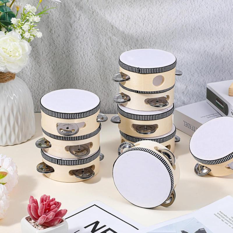 24 Pcs 4 Inch Wood Wedding Tambourine Metal Jingles Drum Hand Held Drum Instrument White Percussion for Wedding Party Favors
