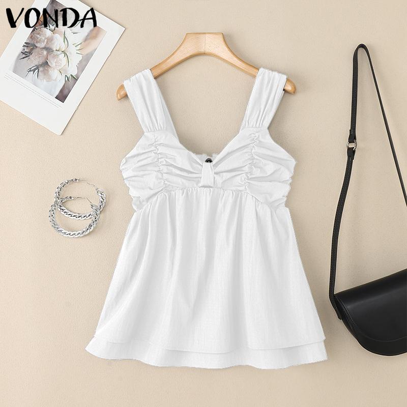 

VONDA Women Strap Sleeveless Ruffled Back Elastic Casual Stretch Tank Tops S