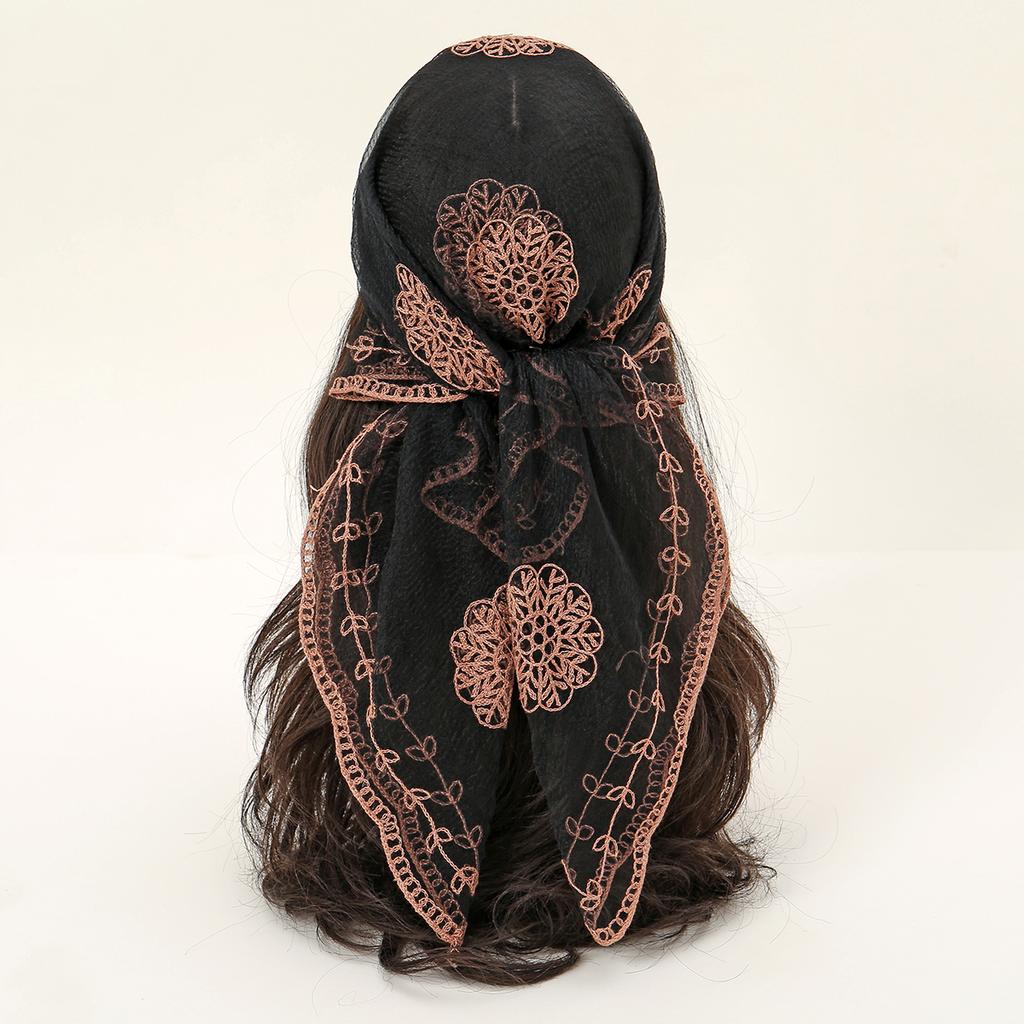 Square Yarn Scarf Floral Embroidery Lace Hijab Headscarf Headband Summer Breathable Bandana For Women Elegant Turban Hair Wrap