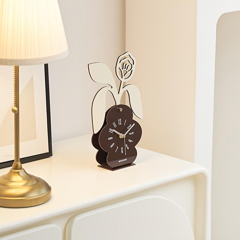 Floral Desktop Clock , Silent Non Ticking Battery Operated, Artificial Wood with Deep Brown Base , White Floral Design, Irregular Shape for Bedroom