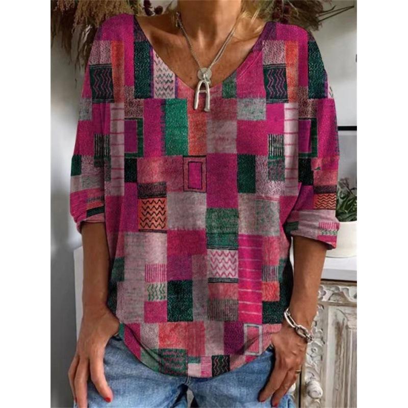 

Loose Long-Sleeved Geometric Pattern 3D Digital Printing V-Neck Short-Sleeved T-Shirt For Women L
