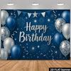 2D Happy Birthday Blue Silver Glitter Balloon Backdrop Banner Party Photo Background