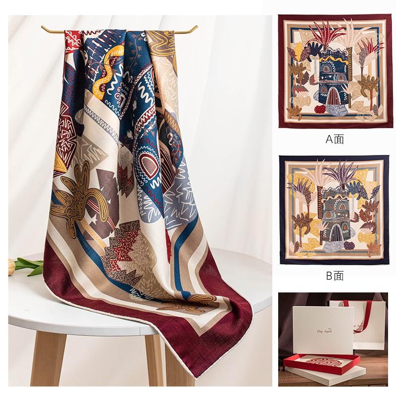 2026 Silk Wool Scarf Double-sided Floral Print Neck Warmer Fashion Shawl