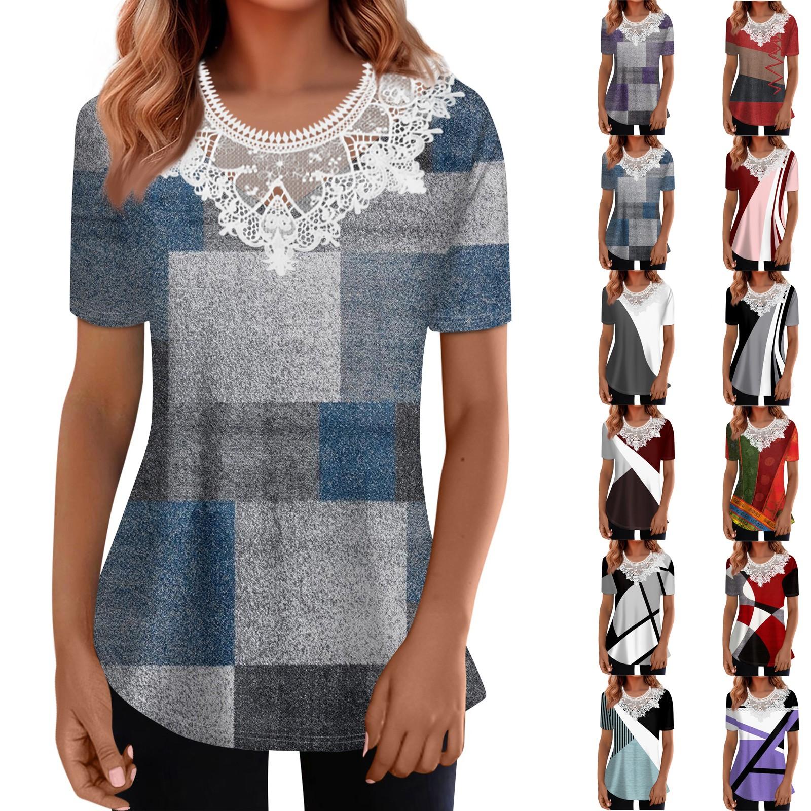 

Летние топы для женщин 2024, модные рубашки с круглым вырезом и короткими рукавами для отпуска, повседневная свободная удобная туника, одежда