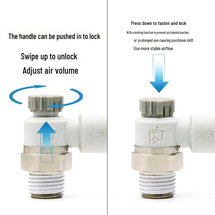 Throttle Speed Control Valve with AS1201F-M5-04A Pneumatic PU Air Hose Connector, Models AS2201F-01-2-06SA/08SA.