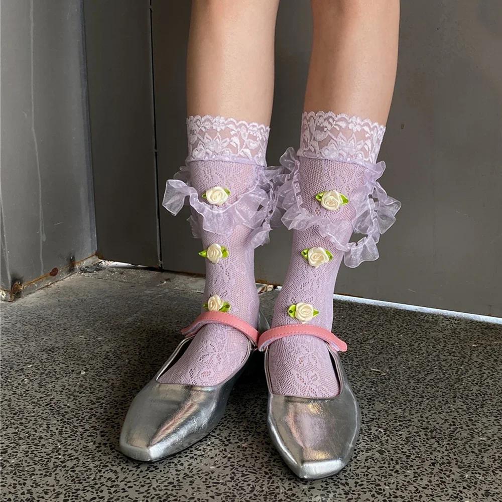 Sweet Flower Women Medium Tube Socks Japanese JK Leg Socks Y2K Rose Lace Flower Socks Thin Mesh Stockings Party Accessories