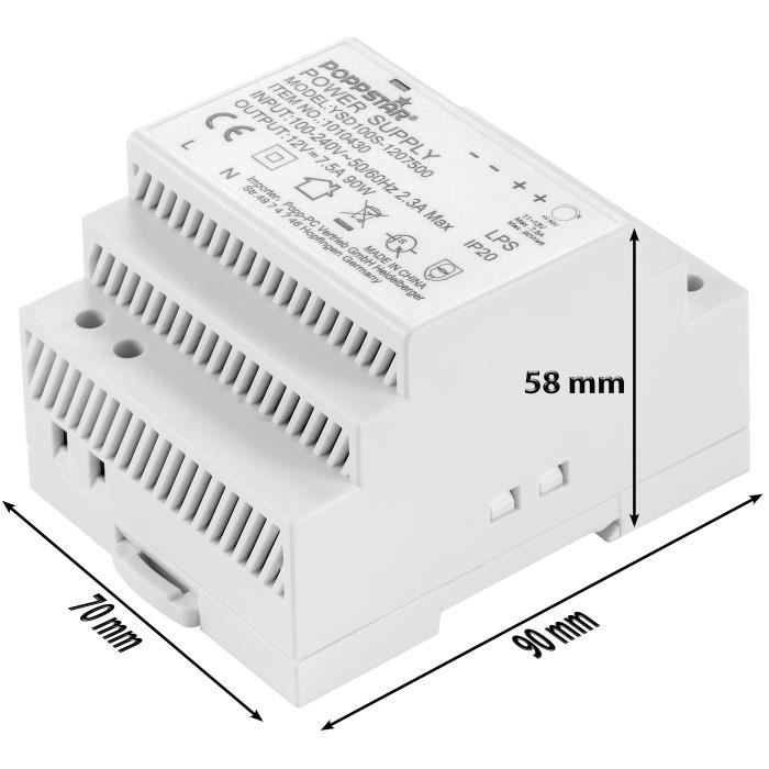 Alimentation din - poppstar - 12v dc 7,5a - 90w - blanc - rectangulaire