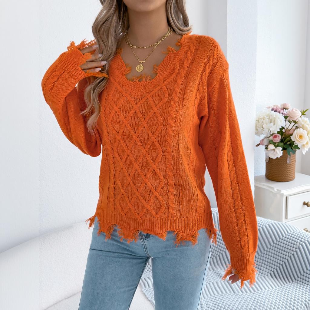 Women's Casual Color V-Neck Cable Knit Long Sleeve Sweater for Everyday Wear