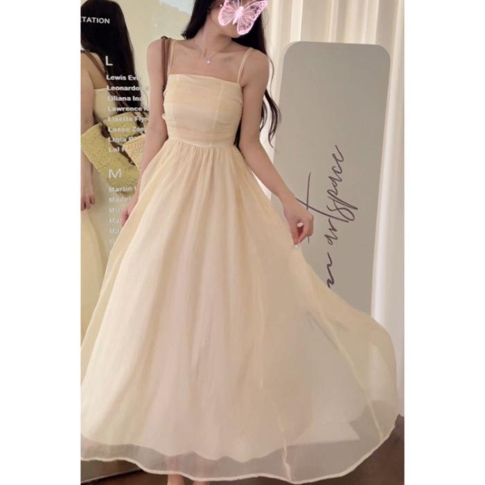

Diamond chiffon + lining + package French temperament fairy suspender dress, summer waist vacation mesh dress 2XL абрикосовий