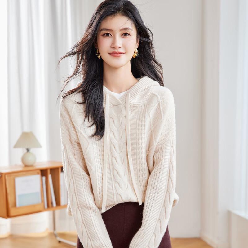 

JINJU Women s 100% Merino Wool Hooded Cable Knit Sweater One Size