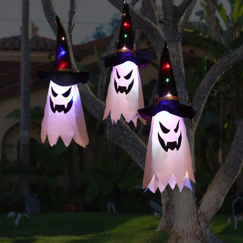 Glow in Dark Halloween Pendant LED Light Up Ghost Wizard Hat Necklace Scary Party Prop Festival Dress Up Accessory