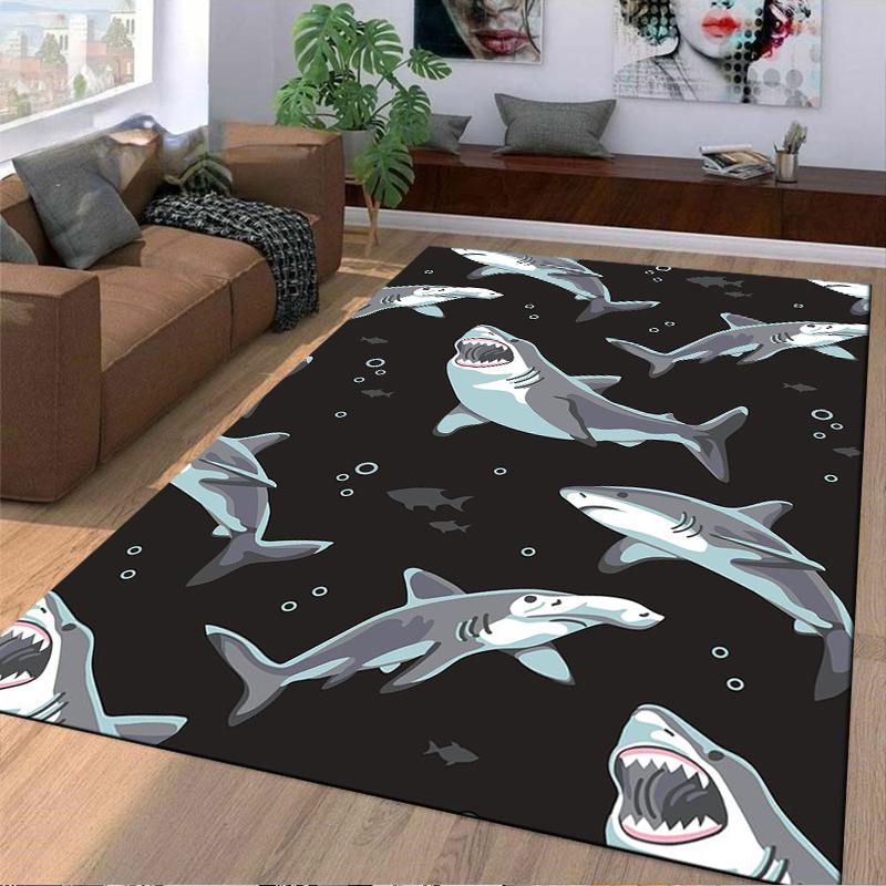 Teppich mit Haifischmuster und Meeresmotiv auf schwarzem Hintergrund, geeignet als rutschfester Überzug für Wohnzimmer, Schlafzimmer, Sofas