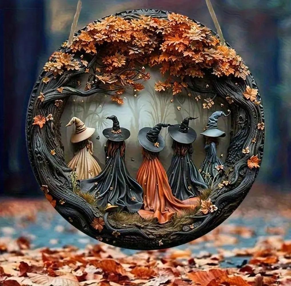 2D Exquisite Witch and Autumn Leaves - Halloween Circular Wooden Sign, Suitable for Home, Restaurant, Bar, Door Decoration Gifts