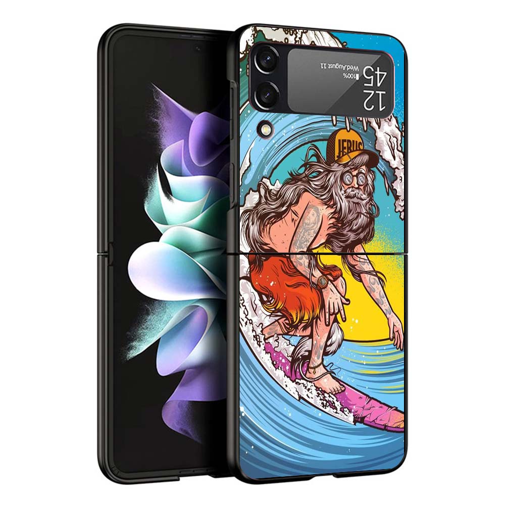 Surfboard Surfing Art Surf Girl Summer Hard Black Cover for Samsung Galaxy Z Flip 7 6 5 4 3 5G Phone Case Flip7 Flip6 Flip5 Flip