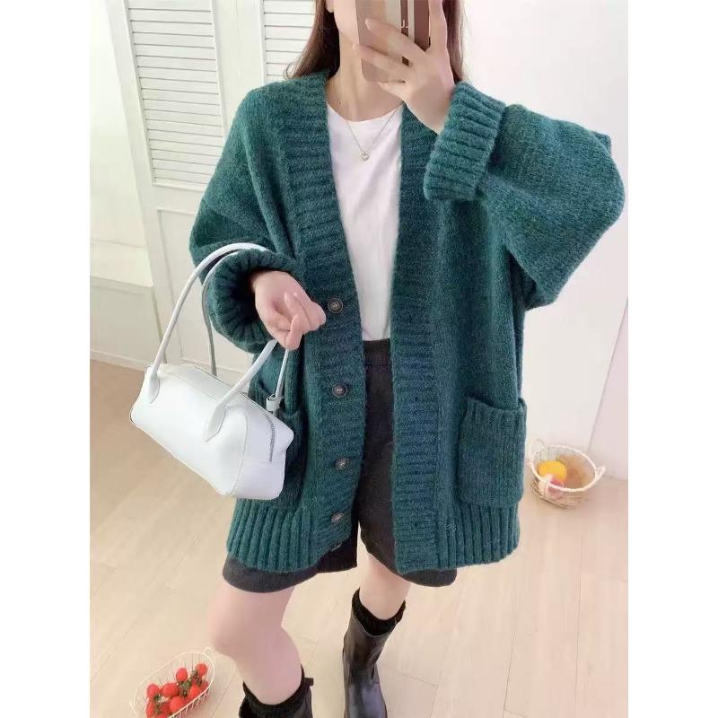 Lazy wind knitted cardigan women's clothing autumn and winter new loose casual thickened V-neck sweater jacket women