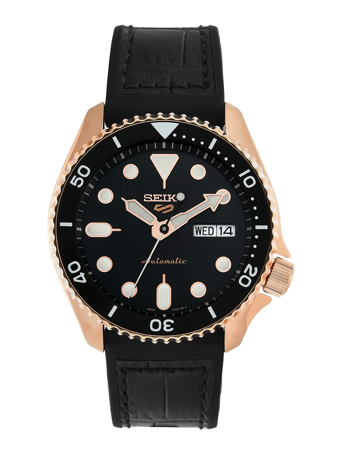 

Seiko 5 Sports Rose Gold Steel Case with Black Silicone Automatic SRPD76K1 Strap, Men s Watch,