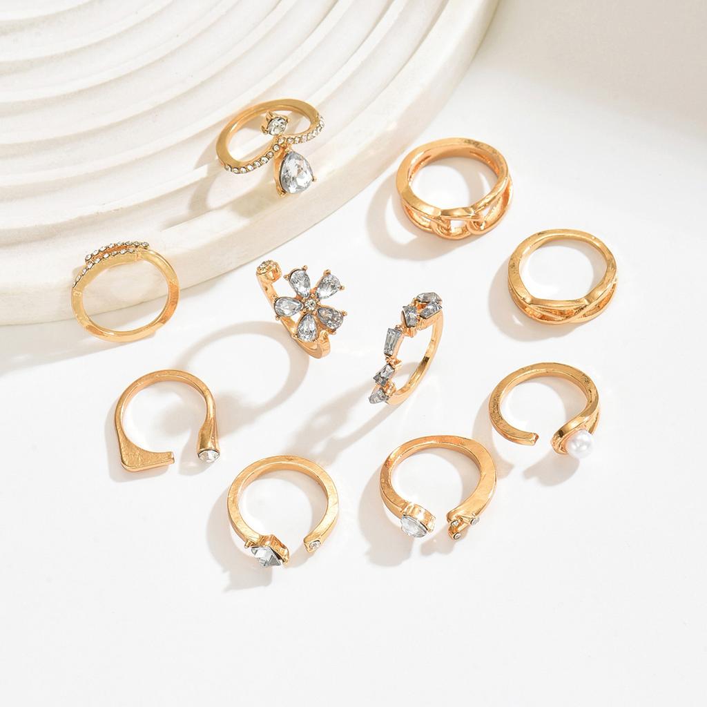 European and American Light Luxury High-end Flower Water Drop Diamond Ring Set Personalized Geometric Stacking Joint Ring Woman