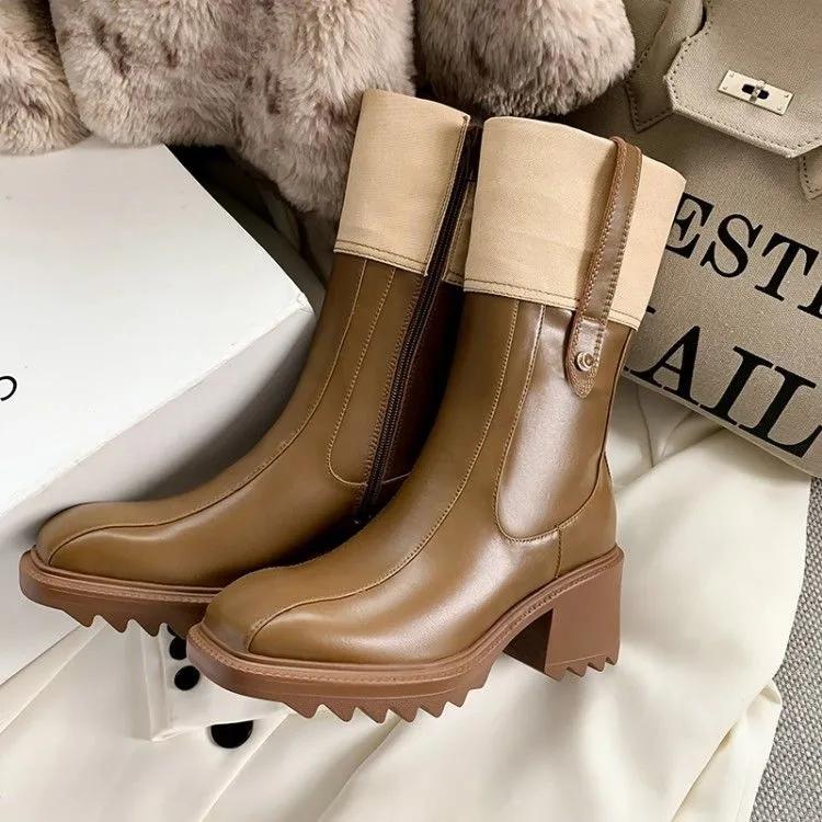 

Fashion 2025Winter Platform Women Chelsea Boots Fashion Black Women Round Toe Ankle Boots Female Chunky Heel Slip On Short Boot Shoes 35 коричневый