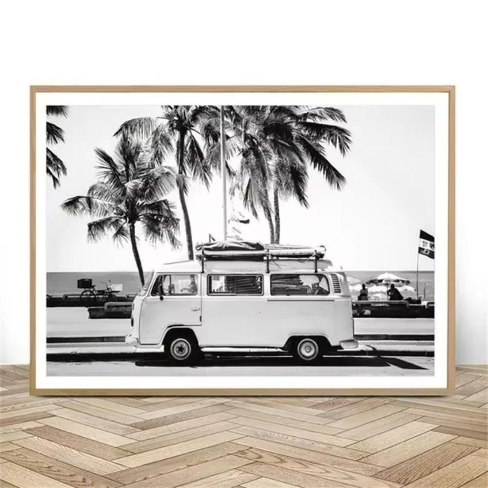 Beach Camper Van Surfing Ocean Landscape Wall Art Palm Tree Surfboard Canvas Painting Home Room Decor Poster Prints
