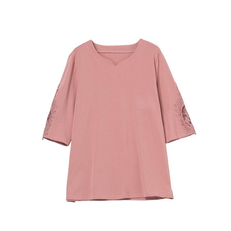 Summer Women's Plus Size T-Shirt Loose Three-Quarter Sleeve VT Shirt Solid Color Top