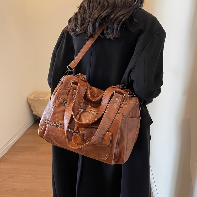 Leather Women's Handbag, Retro Casual Single Shoulder Crossbody Bag for Commuting, Zipper Closure, Large Capacity Tote Bags