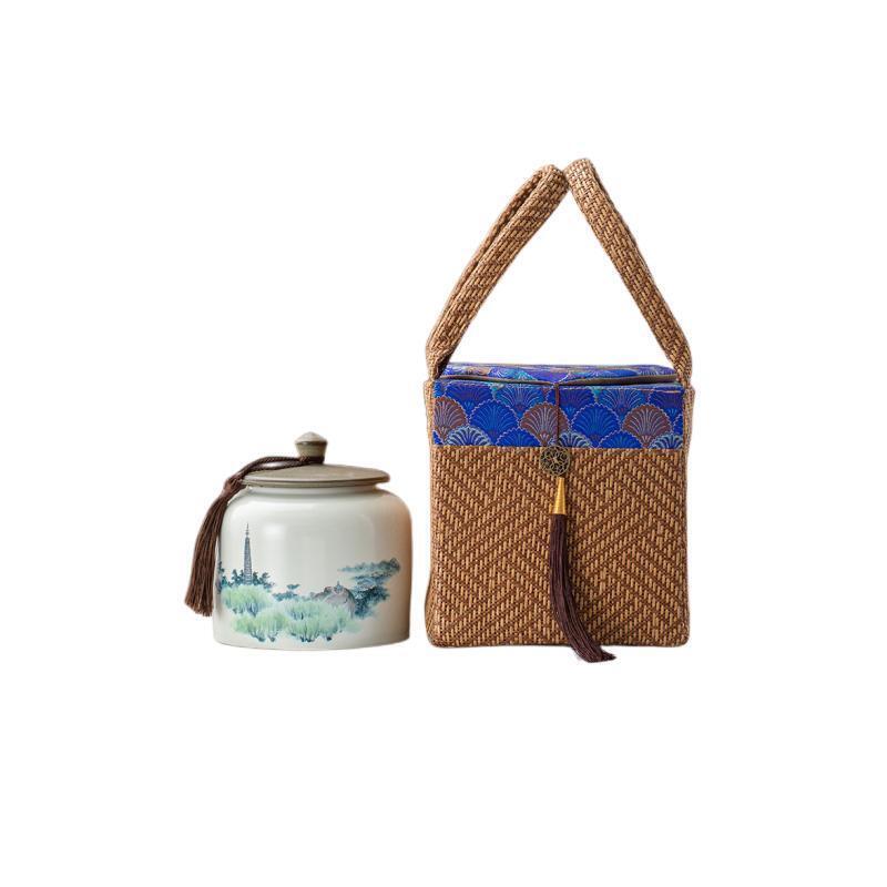 Vintage Rattan & Ceramic Tea Caddy Gift Box Set