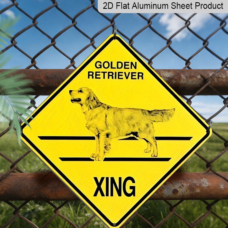 2D Flat 1pc Golden Retriever Crossing Sign - Pet Owner Gift, Vintage Caution Decoration - Bright Yellow & Black Metal Tin Poster - Indoor/Outdoor