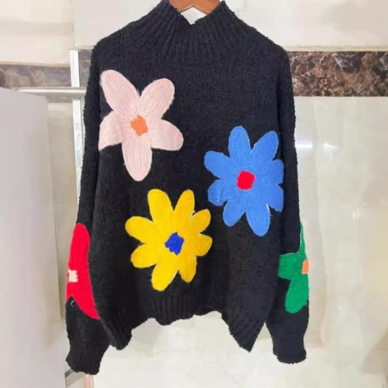 Colorful Small Flower Women's Sweater Heavy Industry Embroidery Pullover Knitwear