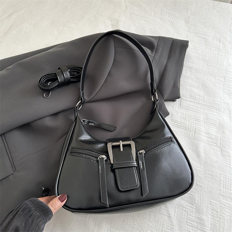Chic Vintage Style Black Pu Leather Shoulder Bag For Women With Unique Crescent Shape