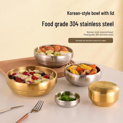 Korean Style 304 Stainless Steel Double Layer Noodle and Rice Bowl with Lid - Thickened for Soup and Kimchi.