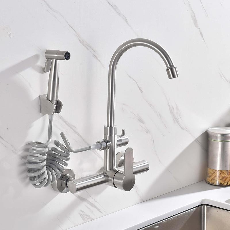 

Alenartwater Stainless Steel Double Hole Wall Mounted Cold and Hot Faucet with Sprayer Balcony Rotating Kitchen Faucet