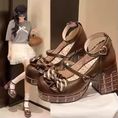 Moda Lolita Kawaii Wysokie Obcasy 2025 Lato Nowy Styl Księżniczki Kawaii Czekoladowe Słodkie Kokardy Lo Słodkie Czółenka Buty Jednonożne Buty Mary Jane