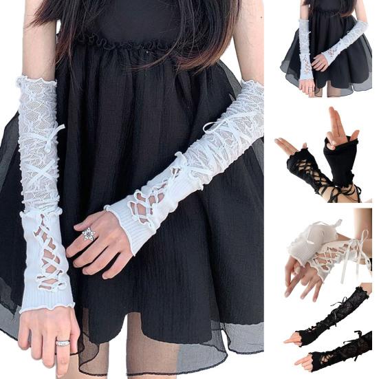 Women Retro Fingerless Gloves Gothic Lace Arm Sleeves with Straps Ruffled Lace-up Wrist Cuffs for Cosplay Prom Daily Wear