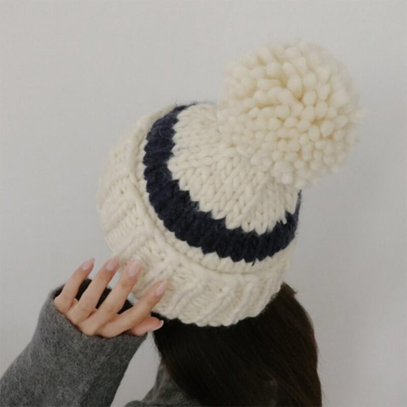 Women s Pom Pom Beanie Knit Hat Winter Wool Hat ivory