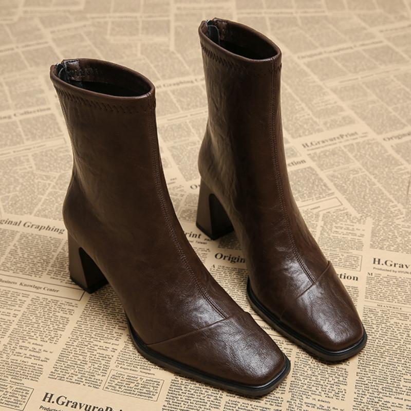 High Quality Women's Shoes Mid-Calf Women's Boots Fashion Square Toe Office and Career New Back Zip Solid Shoes for Women