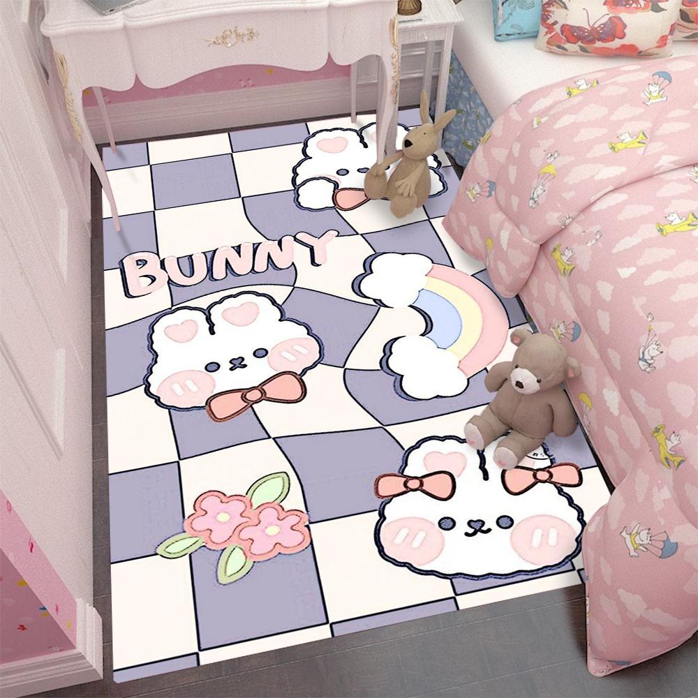 Purple Checkered Cartoon Cute Bunny Carpet CartoCartoon Home Carpet Full Coffee Table Bedside Living Room Carpet 40x60CM