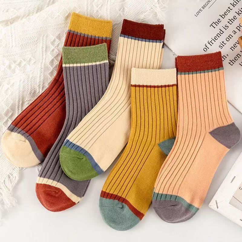 5 Pairs Korean Harajuku Style Retro Striped Socks Cotton Mid-tube Women's Socks