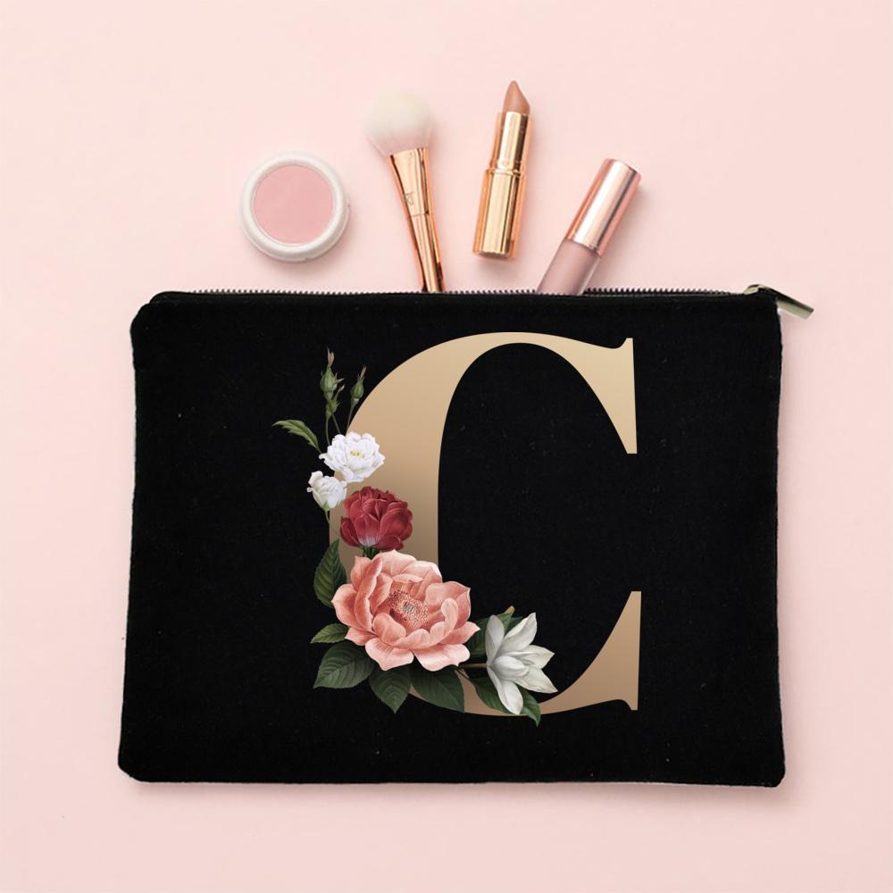 Alphabet Floral Makeup Bag Bridesmaid Maid of Honor Holiday Wedding Bachelorette Party Gift Canvas Cosmetic Zipper Storage Pouch