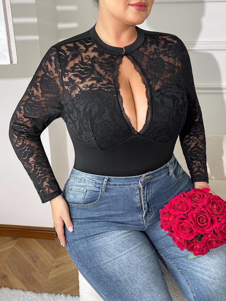 Plus Size Lace See-through Bodysuit with Open Crotch and Hollow-out Design