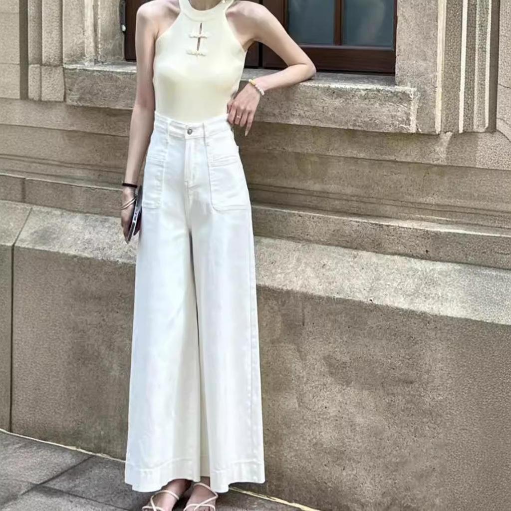 Shisanhang Women's Dark Blue High-Waisted Wide-Leg Jeans - 2024 Summer Drape Mopping Design