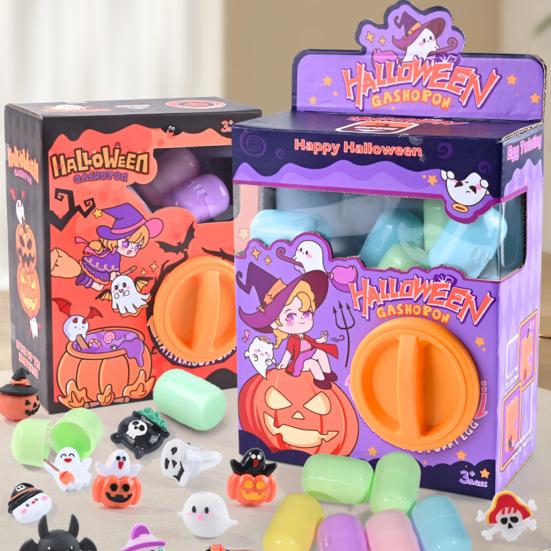 Halloween Mini Capsule Toy Machine with 6 Surprise Eggs Collectible Cartoon Figurines for Party Favors Interactive Gift for Kids Classroom Activities