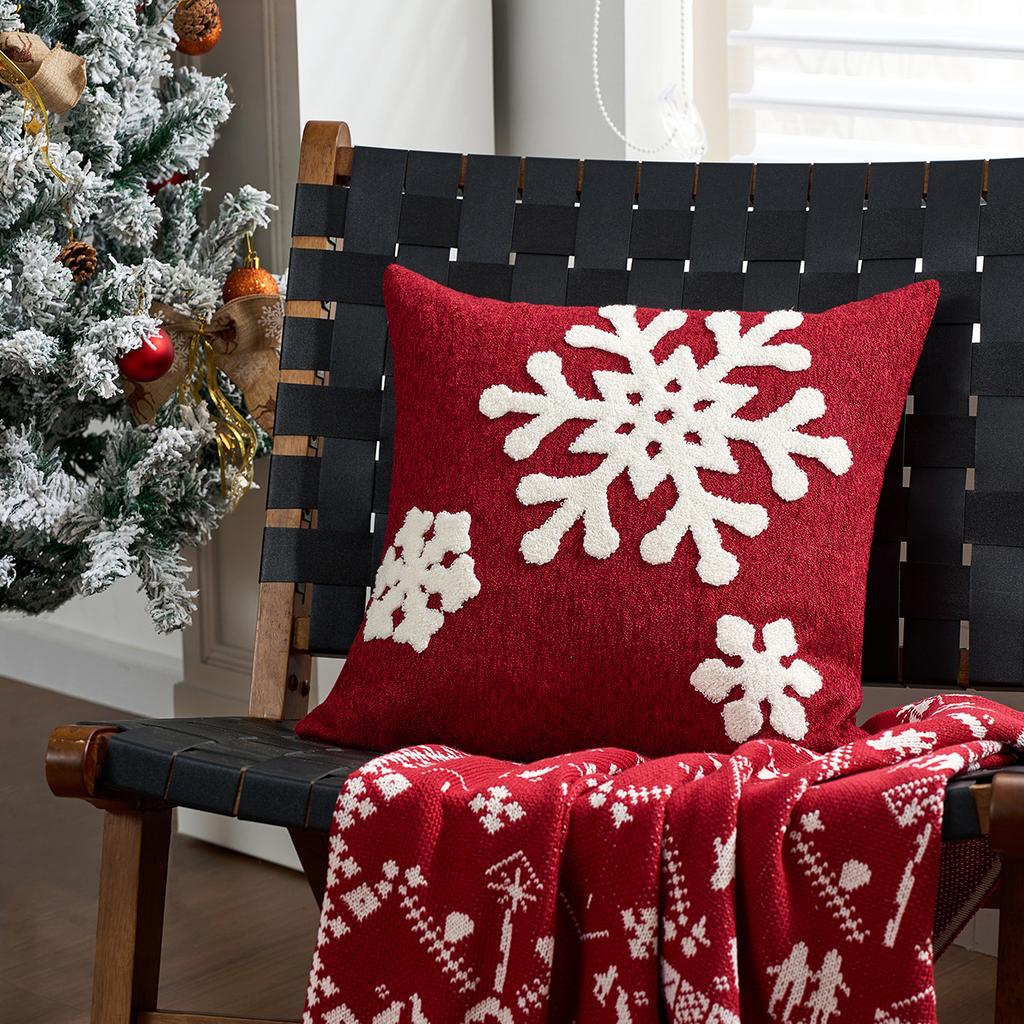 Christmas Embroidered Throw Pillow Cover, Snowflake Deer Design, Decorative Cushion Case for Couch Sofa Bed, Holiday Home Decor, Soft Velvet