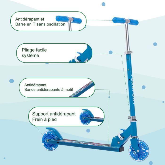 FOXSPORT Trottinette pliante pour enfants avec roues LED, 3 hauteur guidon réglable, trottinette pour enfants avec frein-bleu