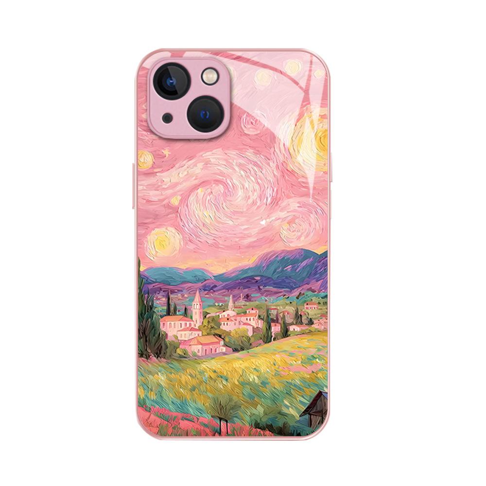 Explosive Gentle Powder Starry Night Oil Painting Mobile Phone Case Art iPhone13PROMAX Glass Protective Case