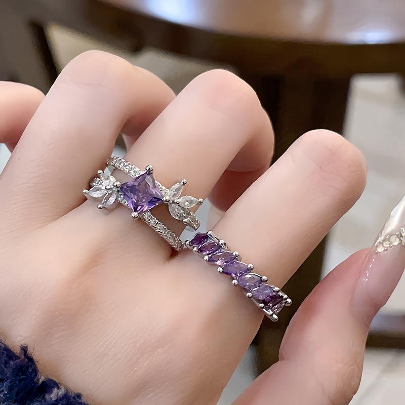 Luxury Purple Full Diamond Zircon Stacked Open Ring, High-End Niche Design Love Light Luxury Ring Woman